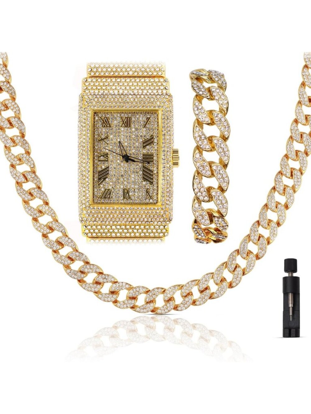 Iced Out Rectangle Watch & 18" Cuban Link Necklace Bracelet Set for Men, Gift